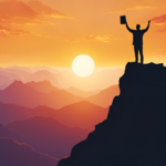An animated image of a person standing at the top of a mountain holding a book up in one hand