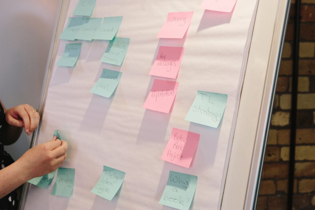 Image of someone's hand placing coloured post-it notes on a board