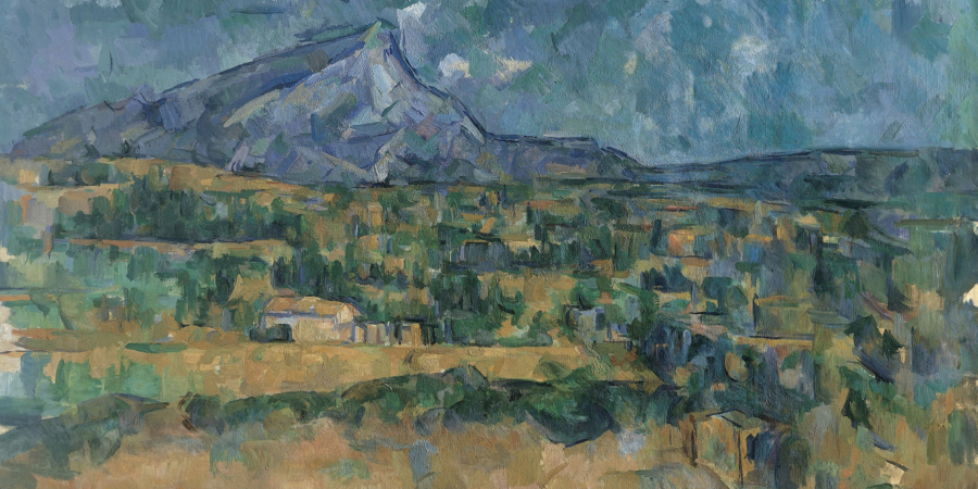 The artwork Montagne Sainte-Victoire, by Paul Cézanne, featuring a mountain landscape